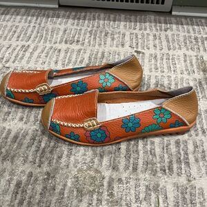 Comfortable Leather Floral Print Flats Casual Driving Loafer Shoes Orange Sz 36